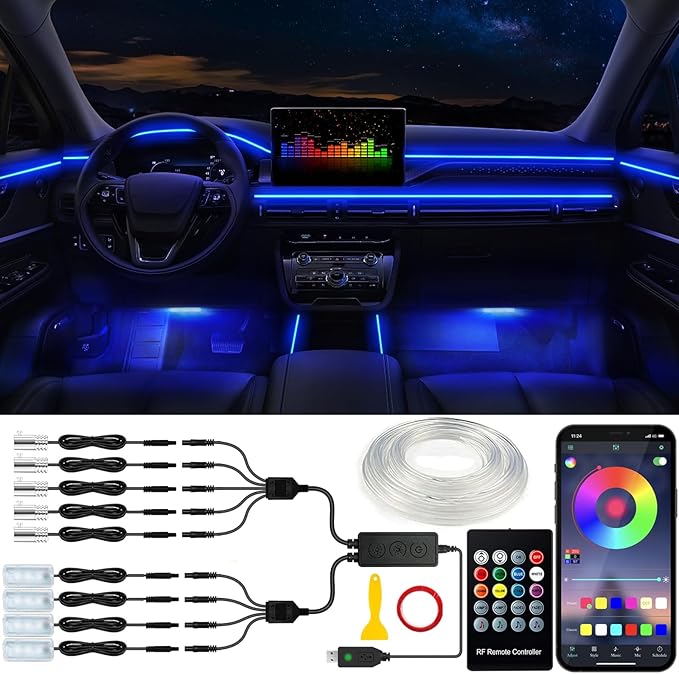 Jushope Car LED Lights, Interior Car Lights with Wireless APP/RF Remote/Button Control, Car Ambient Lighting Kit with 236" Integrated Molding Fiber Optic RGB Sync to Music (9 in 1-USB)