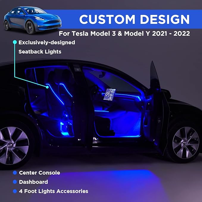 Nestour Interior Car Neon Light Fit for Tesla Model 3 Y 2021 2022 2023 (Center Console+Dashboard+Seat+4 Foot Lights) with Matching Armrest Organizer, Tesla Ambient Lights, APP-Controlled RGB LED