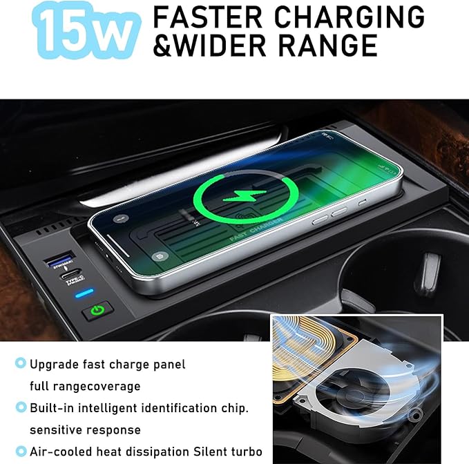 Wireless Car Charger with 15w Wireless and 27w USB Qc 3.0 Fast Charging for BMW X5/X6 2014-2018 Center Console Charging Pad Mat Interior Accessories