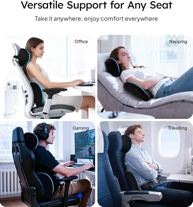 Wigoo 2026 Car Neck Pillow and Lumbar Support Pillow for Car Set [Ergonomic Design, Pressure Relief] Soft Car Headrest Pillow Back Cushion with Adjustable Strap, Fits All Vehicles (Black)