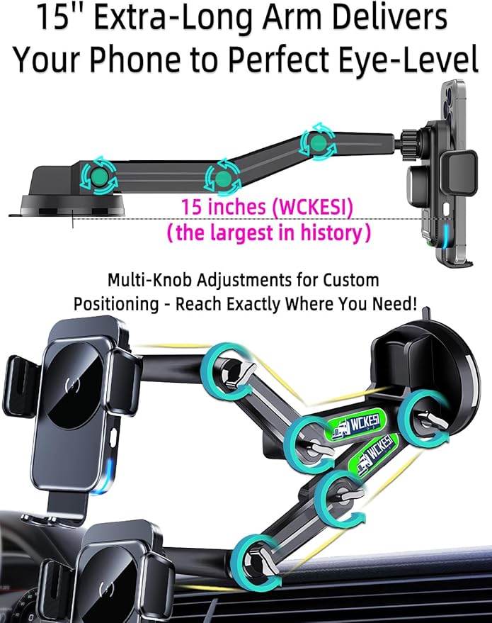 Wireless Car Charger Phone Holder Mount for Truck, 15W Fast Charging 【15 inch Long Arm】 Heavy Duty Phone Holders for Your Car Windshield Dashboard Accessories, for iPhone 17 16 15 14 13 12