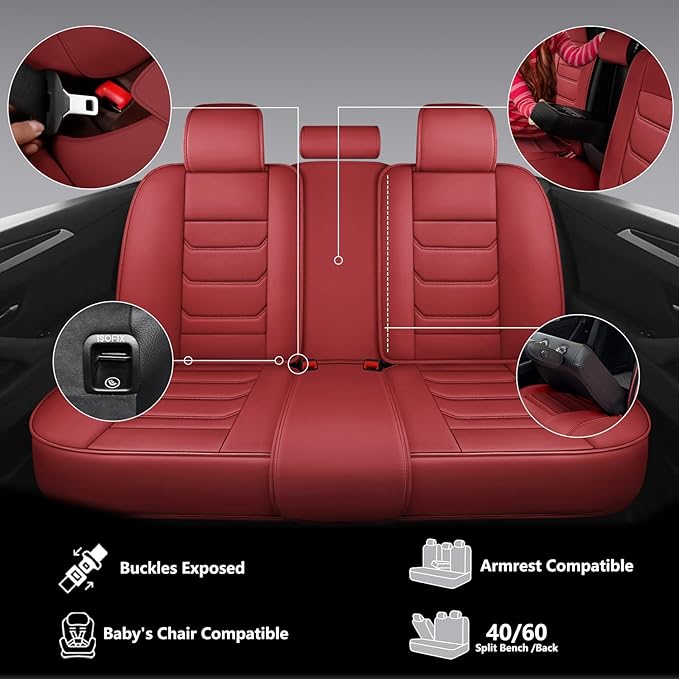Full Coverage Faux Leather Car Seat Covers Full Set,Automotive Seat Covers for Cars,SUVs Pick-up Truck, Car Seat Cushion, Wine Red Seat Covers for 5 Seats