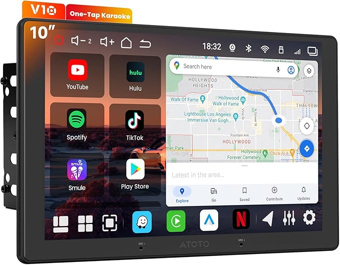 V10 10inch QLED Android Double Din Car Stereo, 6G+128G, 4G LTE, in‑Car Karaoke, Pro DSP w/4V Pre-Outs, 4 Channel Dash Cam Recording, Supports 8K Video, Wireless CarPlay&Android Auto