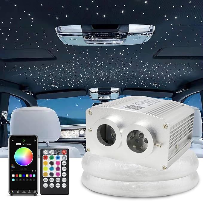 AZIMOM Dual Port 16W Twinkle Bluetooth Fiber Optic Lights Star Ceiling Light Kit 600pcs0.03in9.8ft Fibers Strands Sound Activated RGBW APP/Remote Light Engine for Car Home Starlight Headliner Decor