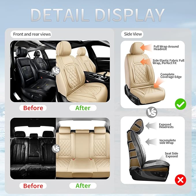 Fit Tucson Car Seat Covers Compatible with Hyundai Tucson 2010-2026, Premium Leather Breathable, Wear Resistant, Airbag Compatible, All-Weather Protection & Full Coverage, 2 Front Seat Beige