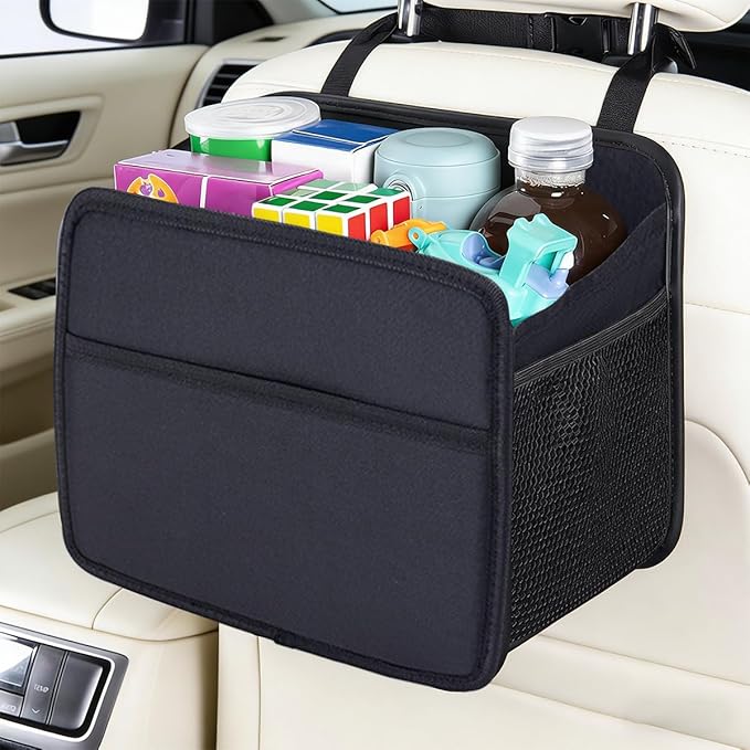 Car Seat Back Organizer, Foldable Vehicle Backseat Storage Hanging Bag with Mesh Pocket, Multipurpose Auto Headrest Storage Pouch Organizer Accessory, Universal Fit (Litchi Pattern Black)