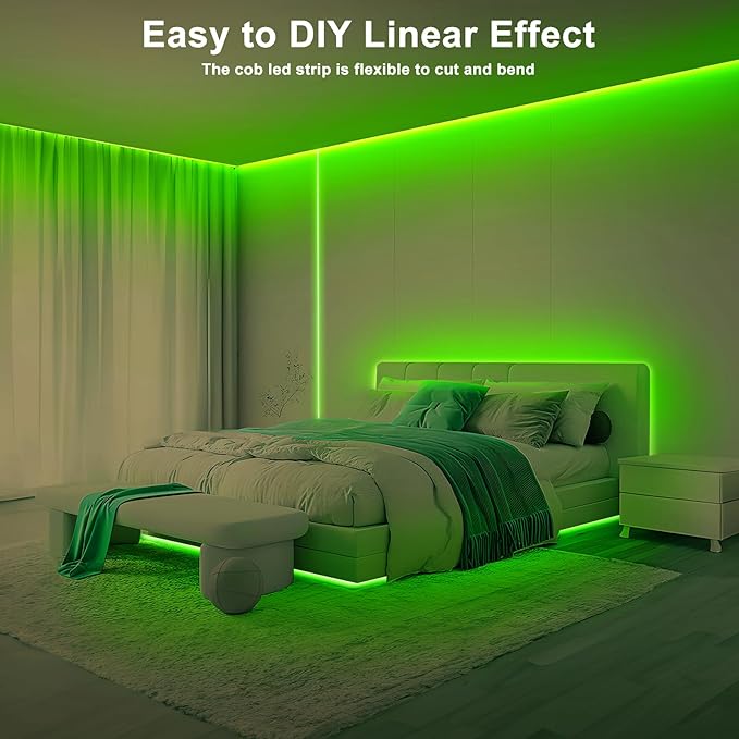 Tatazone 16.4ft Green COB Led Strip Lights with RF Remote, Dotless, Indoor, Dimmable, Adhesive Led COB Light Strip for Cabinet, Room, Bed, Paintings