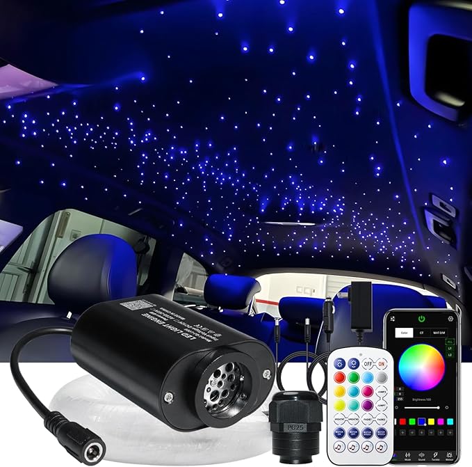 AZIMOM Mini 6W 300pcs Twinkle Fiber Optic Starlight Headliner Kit for Car Home 0.03in 6.5ft End Glow Fiber Strands Sound-Activated APP& Remote Control Starlight Engine