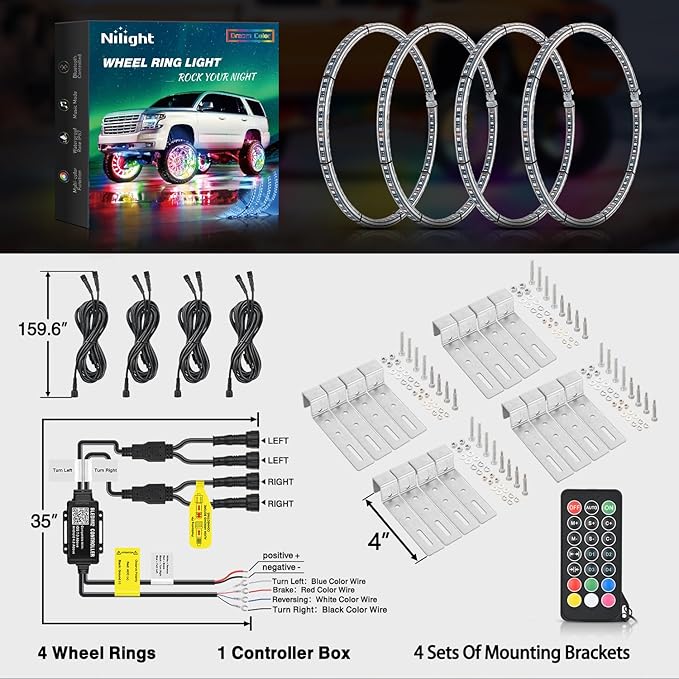 Nilight 4PCS 15.5inch Double Row Wheel Ring Lights Dream Color with APP and Remote Control Neon Lights w/Turn Signal and Braking Function Dual Row for Car Van SUV Truck