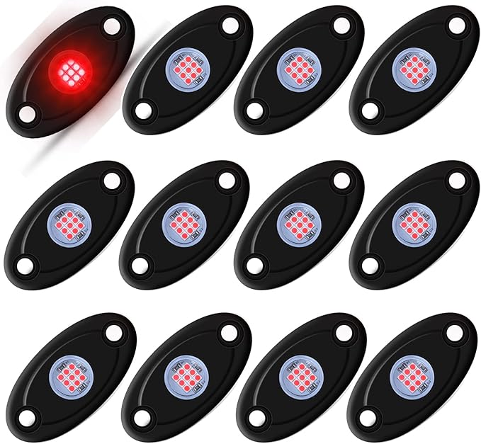 12 Pods Red LED Rock Lights Neon Underglow Light for Car Truck ATV SUV Under Body Glow Light Trail Fender Lighting