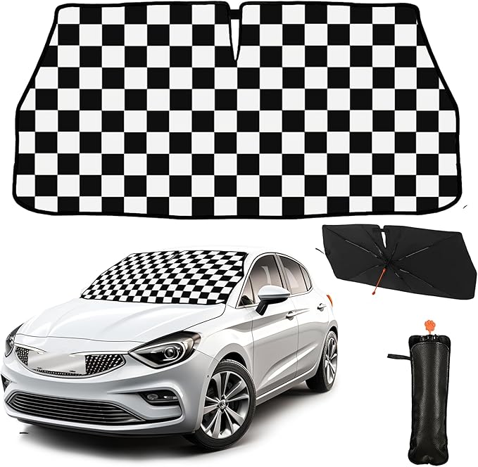 CHILL·TEK Funny Car Windshield Sun Shade Umbrella, Checkered Car Sun Shade Umbrella, Block UV Rays Heat Foldable Windshield Umbrella Sun Visor Protector - Keep Vehicle Cool for Cars SUV