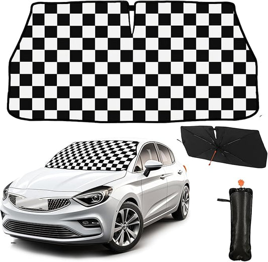 CHILL·TEK Funny Car Windshield Sun Shade Umbrella, Checkered Car Sun Shade Umbrella, Block UV Rays Heat Foldable Windshield Umbrella Sun Visor Protector - Keep Vehicle Cool for Cars SUV