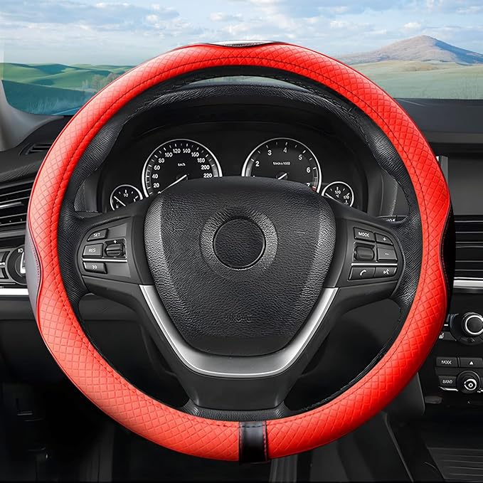 Leather Steering Wheel Cover, Soft Breathable Anti Slip, Universal Fit 15 Inch Car, Truck, SUV (Black/Red)