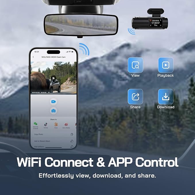 WOLFANG 4K Dash Cam Front and Rear WiFi Dashcam, Dual Car Camera Dash Cam with Super Night Vision, Loop Recording, G-Sensor, 170 Wide Angle, Parking Guard, with SD Card, APP Control