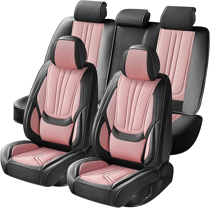 Car Seat Covers, Premium Leather Car Seat Covers, Waterproof and Breathable Seat Covers, Universal Car Seat Protector Fit for Cars, Trucks, SUVs, Pick-ups (Black & Pink, FullSet)
