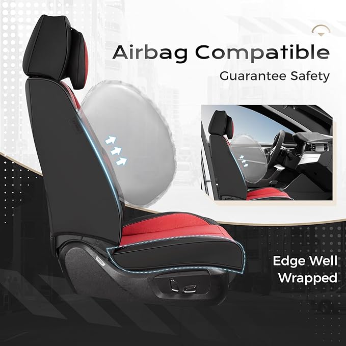 Coverado Seat Covers, Car Seat Covers Front Seats, Car Seat Cover, Car Seat Protector Waterproof, Seat Cushion Nappa Leather with Head Pillow, Carseat Cover Universal Fit for Most Cars (Black&Red)