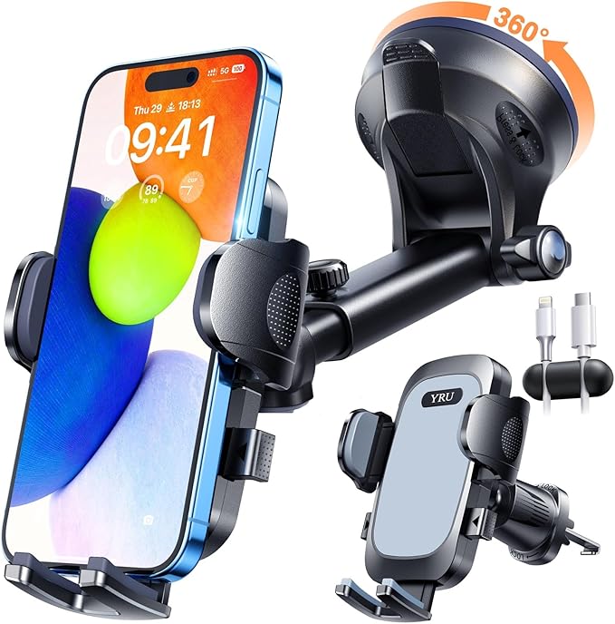 YRU True Military-Grade [360° Rotation Suction] 2026 Ultimate Car Phone Holder Mount 【90+LBS Safest Strongest & Patent Certs】 Dashboard Windshield Vent for iPhone 17 16 Pro Max Samsung, Light Gray