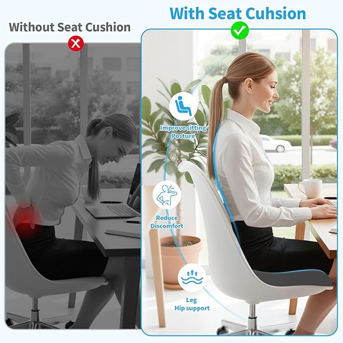 XLarge Seat Cushion, Soft Foam Cushion for Long Sitting Hours on Office Chair, Home & Car, Non-Slip Chair Pad for Relieving Back & Sciatica & Hip & Coccyx Pain (Grey)