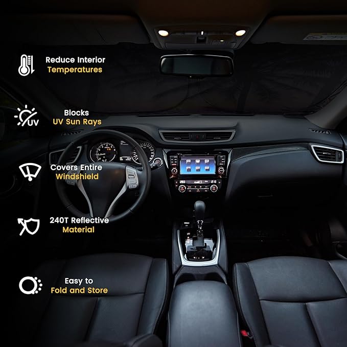 Windshield Sun Shade, Car Sun Shade Windshield, Reflector Sunshade Offers Ultimate Protection for Car Interior, Reflective Polyester Blocks Heat for Cars,Trucks,SUVs (57 x 31.5 in)