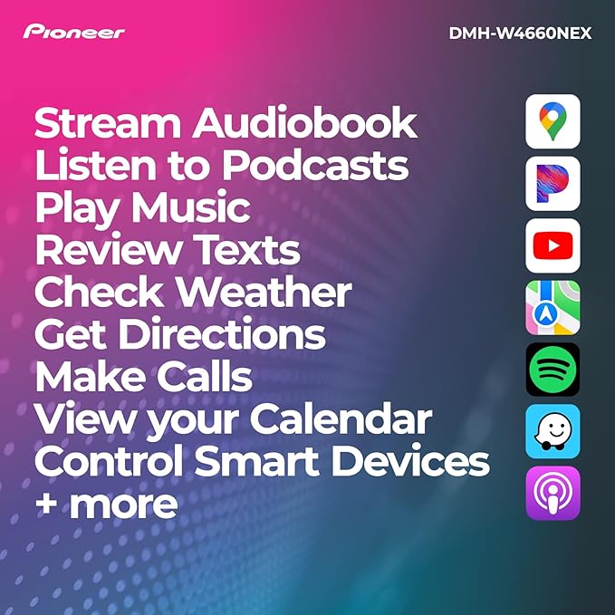 Pioneer DMH-W4660NEX 6.8" Capacitive Touchscreen, Double Din – Wireless & Wired Apple CarPlay & Android Auto, Amazon Alexa Built-in, Bluetooth, HD Radio, Backup Camera, FLAC, Hi-Volt RCA