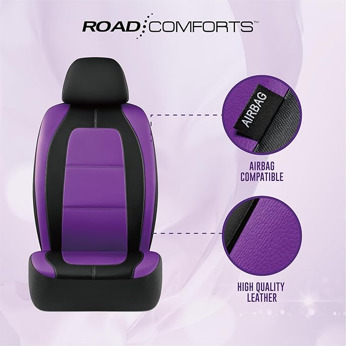 Road Comforts Car Seat Cover, Leather Car Seat Covers, Front Low Back Sport Seat Covers, Airbag Compatible, Universal Fits for Most Cars (Purple)