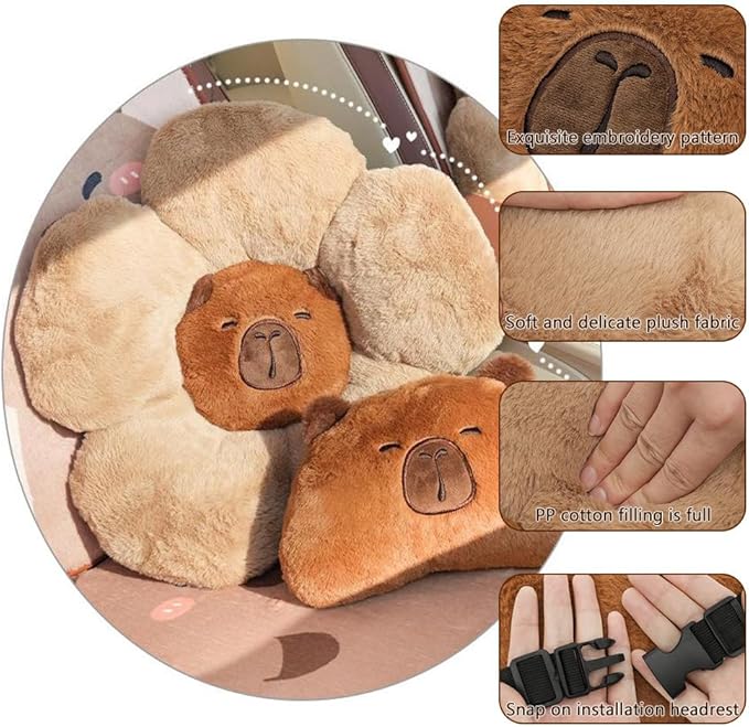 LYFJMUS 4 Pack Plush Capybara Car Headrest Pillow and Lumbar Support Pillow Kawaii Plushies Capybara Stuffed Headrest Cute Car Decor for Car Driving