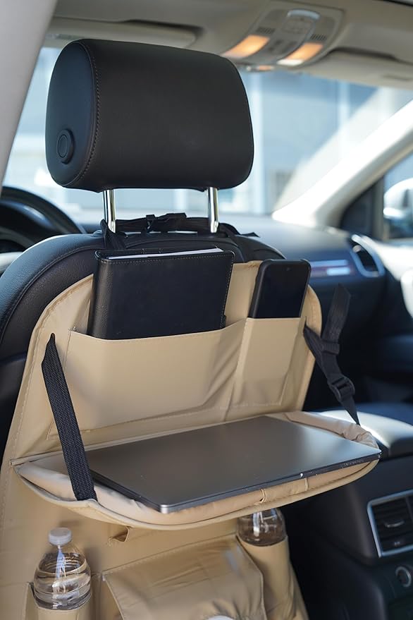 Luxury PU Leather Car Backseat Organizer with Foldable Table – Multi-Functional Car Seat Storage. Waterproof Travel Back Seat Organizer with Cup Holders, Tissue Box & Tablet Pocket (Coffee)