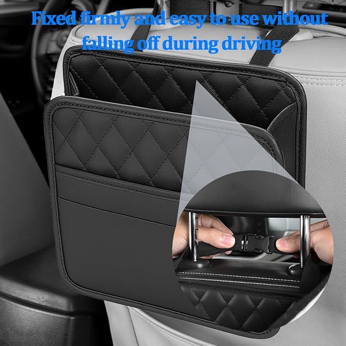 Car Seat Back Organizer, Foldable Leather Vehicle Backseat Storage Bag, Multifunctional Automotive Interior Hanging Pocket Accessories, Universal Fit (Black)