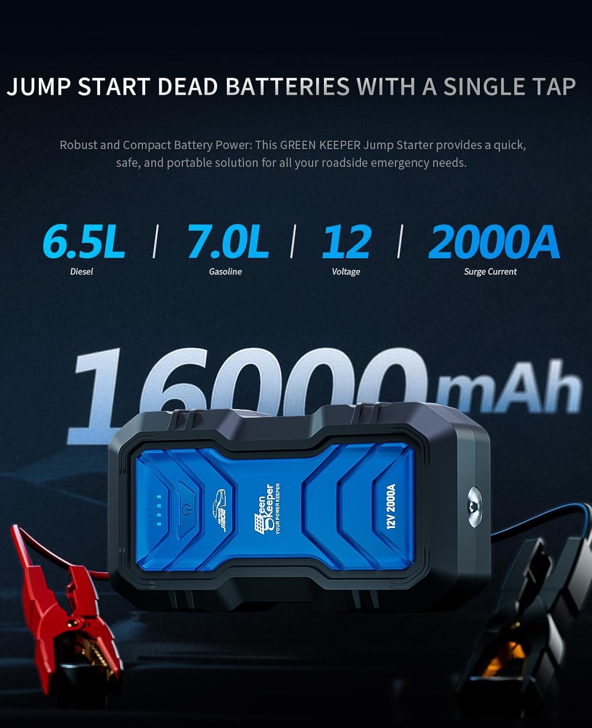 Portable Jump Starter 2000A Car Battery Jumper 12V Booster Engine Starter for 7.0L Gas & 6.5L Diesel Jump Start Battery Pack Multiple Emergency Kit with LED & Safety Protection with DC 12V/6A Output