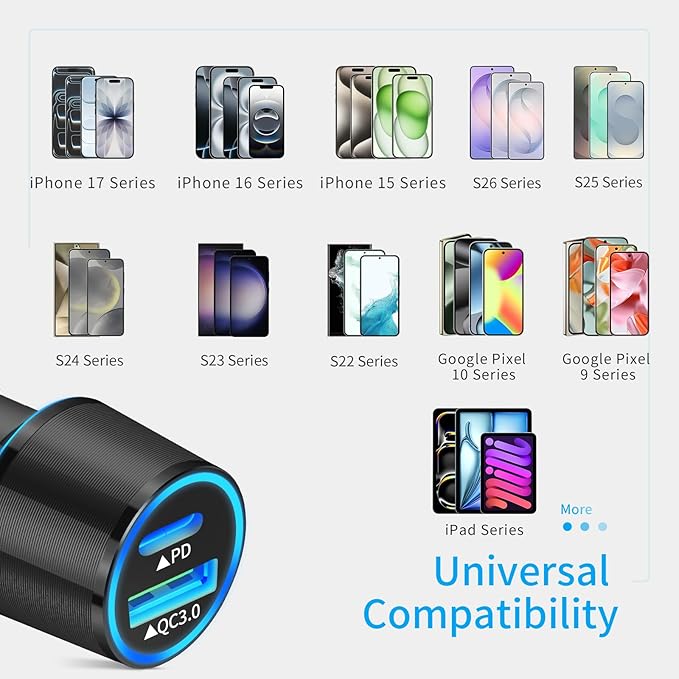 67.5W Car Charger USB C Super Fast Charging, 45W USBC & QC3.0 Port Plug for iPhone 17 Pro Max/Air/16/15/iPad, Samsung S26/S25 Android Cell Phone, Dual 12V Cigarette Lighter Adapter+ 3.3ft Type C Cable