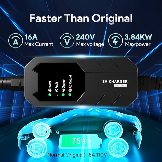 Megear Level 1&Level 2 EV Charger with Five adapters, 16A, 100-240V, 23FT, Portable Electric Vehicle Charger, Fast EV Home Charging Station
