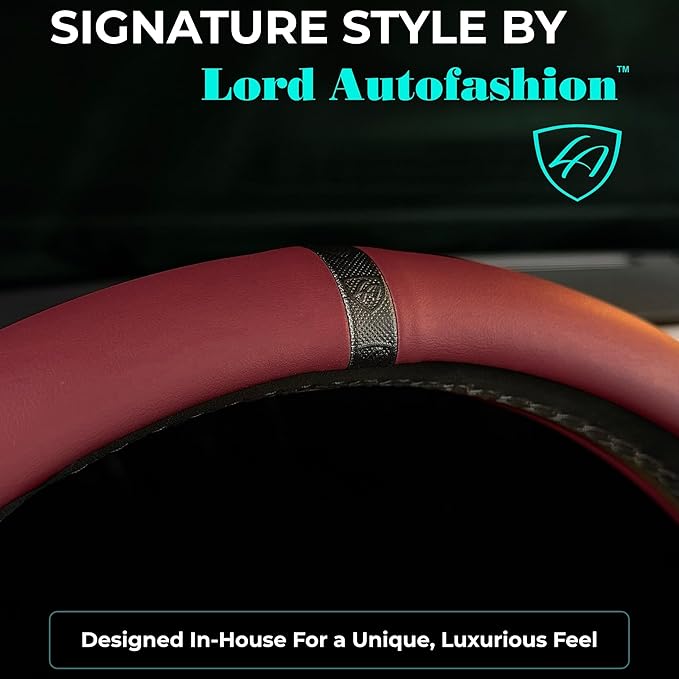 Lord Autofashion Steering Wheel Cover – PU Leather, Non-Slip Rubber Inner, All-Season Comfort – 14.5–15 Inch (Black/Maroon 7685)