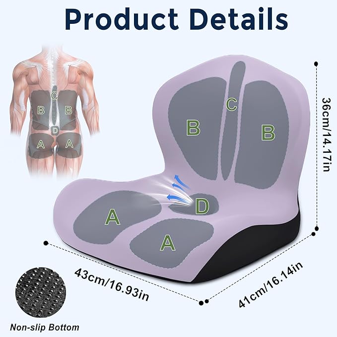 Seat Cushion for Office Chair and Car, L-Shaped Ergonomic Car Seat Cushions, Memory Foam Chair Cushion, Lumbar Support Pillow for Wheelchair, Car, Home, Office, Purple