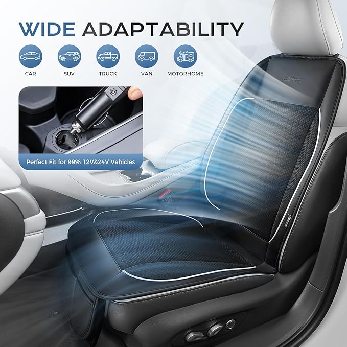 Coverado Cooling Car Seat Cushion, Universal Front Seat Cover 12V-24V Ventilated 3D Mesh Breathable Pad with 3 Speed Mode Dual Fan for Cars SUV Heatwave Driving Black&White