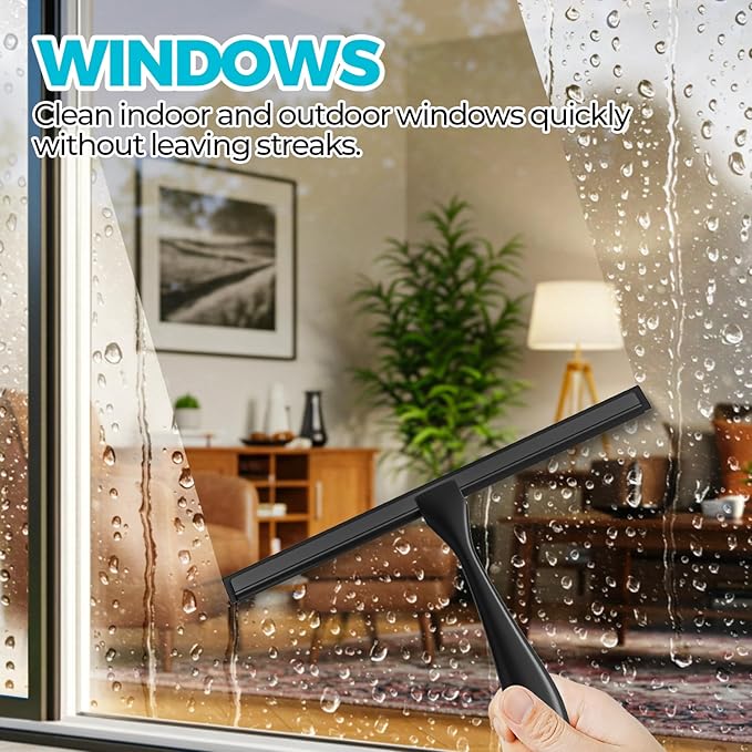 ALFLOD 2PACK All-Purpose Shower Squeegee for Shower Doors, Bath Linen Sets, Tile Shower Walls, Bathroom, Window, Glass and Car Windshield, Mirrors and Kitchen-Stainless Steel, 11.8-Inch Black