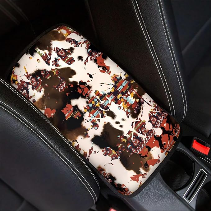 UNICEU Cow Print Aztec Geometrici Car Accessories Neoprene Car Center Console Armrest Cover Anti Slip Armrest Box Protector Cushion Pad