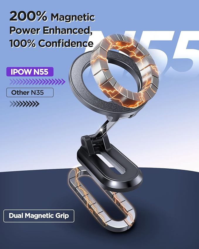 IPOW 3 in1 Dual Included Bases Car Phone Holder, Detachable Magnetic Car Phone Mount Compatible with iPhone 17 16 15 Pro Max, Compatible with MagSafe for Dashboard, Gym, Windshield, Office, Home