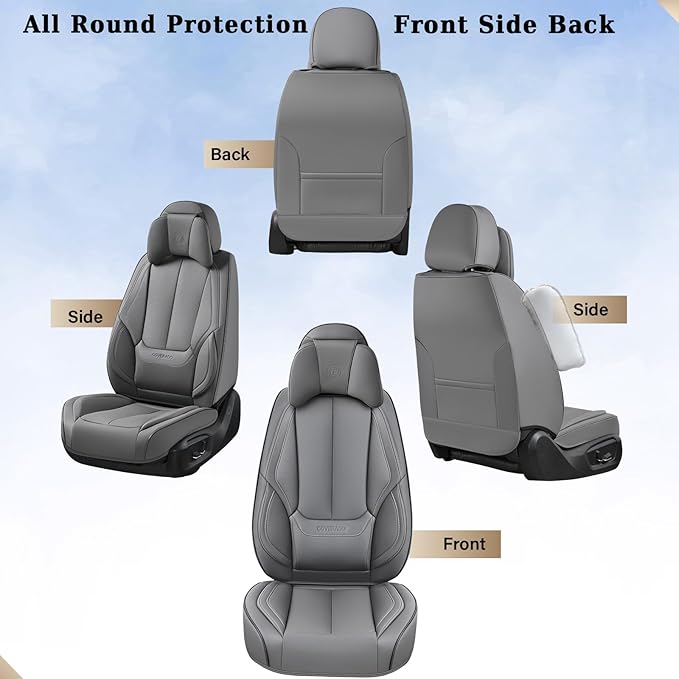 Coverado Universal Seat Covers Front, 2-Pack Waterproof Seat Covers for Cars, Universal Nappa Leather Car Seat Covers with Head Pillow, Auto Protectors Fit for Most Sedans SUV Pick-up Truck-Gray