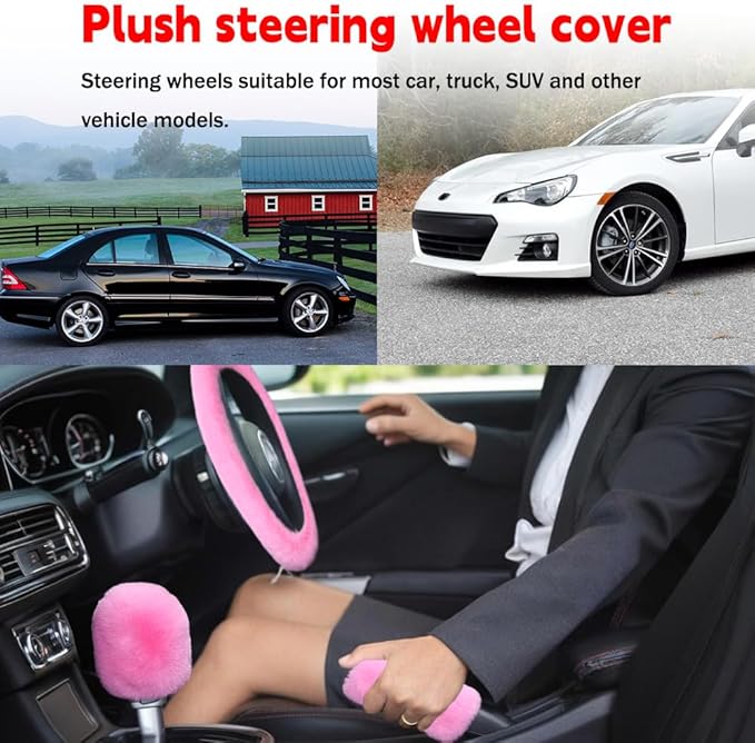 Fluffy Steering Wheel Cover, Winter Warm, Suitable for Most Car Steering Wheels in The 14-15 Inch Range (Pink, 3PCS)