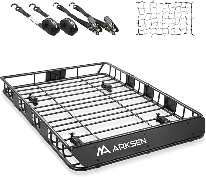 ARKSEN 54 x 39 x 5 Inch Roof Rack Cargo Carrier, Rooftop Cargo Basket with Extension, 150 lbs Capacity Heavy Duty Car Top Luggage Rack for SUV, Pickup Truck with Net & Ratchet Straps