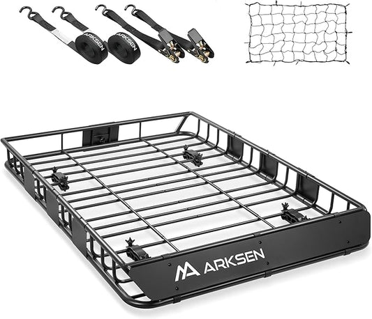 ARKSEN 54 x 39 x 5 Inch Roof Rack Cargo Carrier, Rooftop Cargo Basket with Extension, 150 lbs Capacity Heavy Duty Car Top Luggage Rack for SUV, Pickup Truck with Net & Ratchet Straps