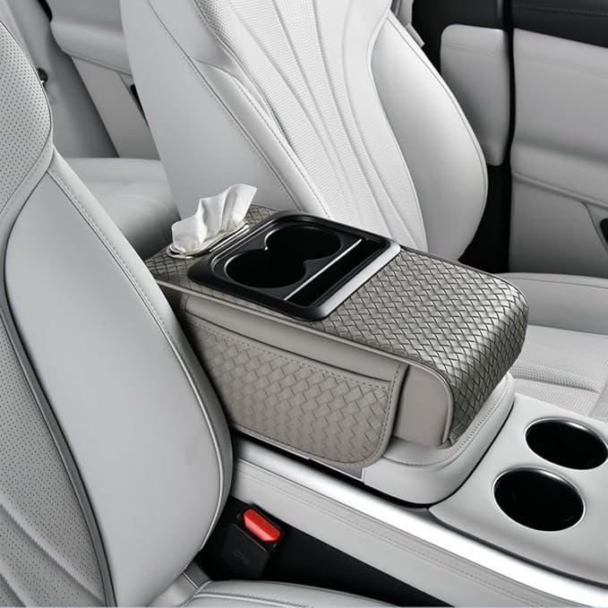 Car Armrest Cushion Cover Car Center Console Memory Foam Booster Pad with Storage Pocket and Tissue Hole for Sedan Vehicle (Cupholder - Grey, 13.39 * 7.68 * 2.95'' / 34 * 19.5 * 7.5cm)