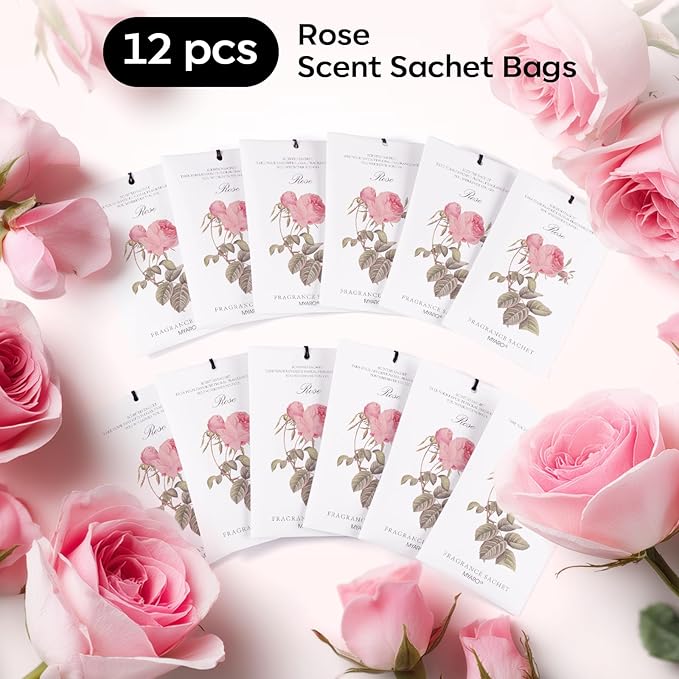 MYARO 12 Pcs Rose Scented Sachets Long Lasting Room Air Freshener Odor Deodorizer Eliminating for Home Drawer Closet Clothes Storage