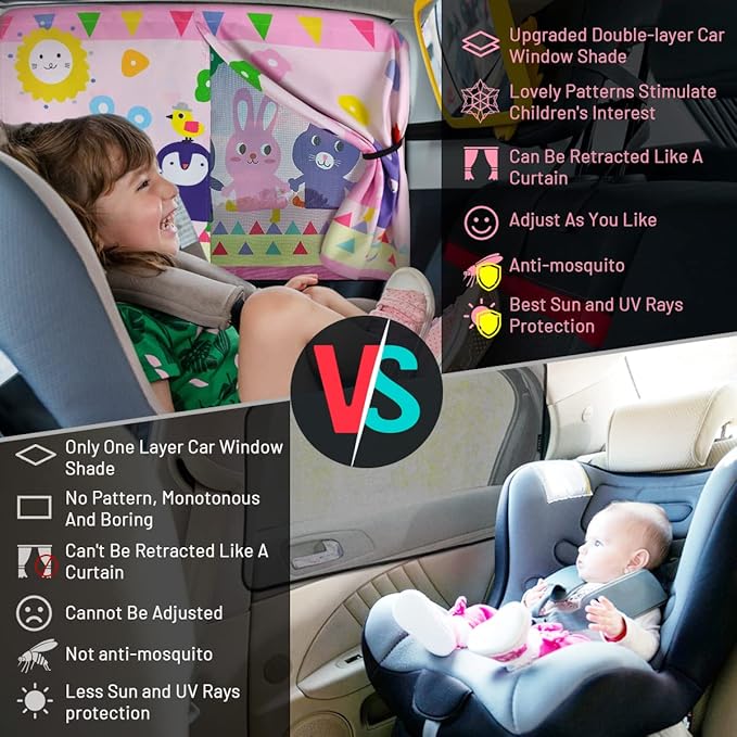 Car Window Shade for Baby, 2pcs Magnetic Auto Sun Shades for Side Windows Double Layer Full & Half Shade Options, Cute Patterns Car Window Curtains for Sun Glare Block
