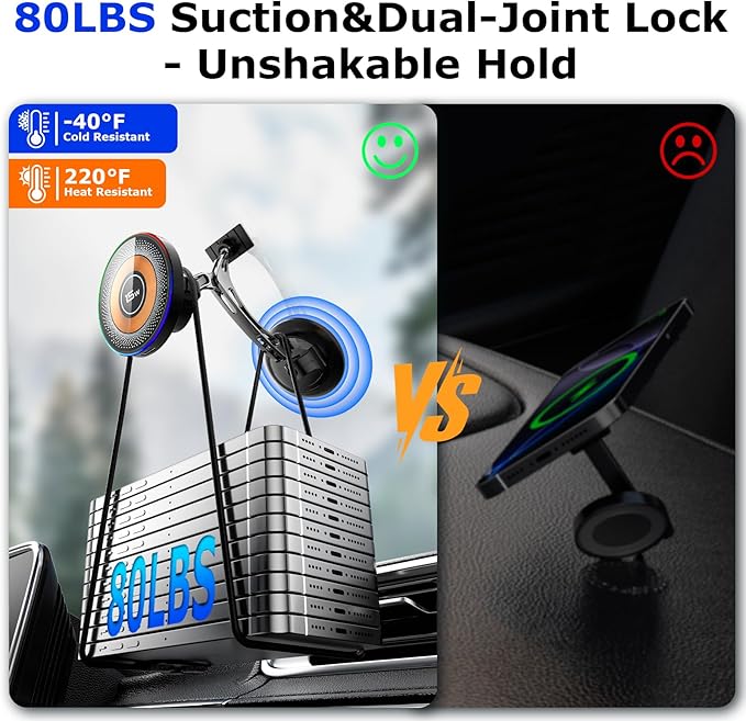 Magnetic for MagSafe Car Mount 15W Wireless Charging, Magnetic Phone Holder for Car with Vacuum, 360°Adjustable Metal Head &Extension Rod, Cell Phone Holders for Your Car for iPhone17/16/15/14/13/12