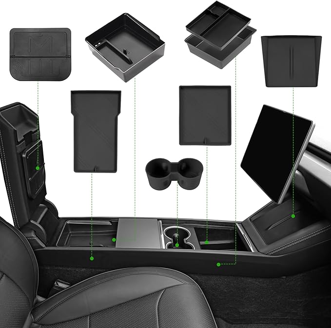 9PCS Center Console Organizer Tray for 2024 2025 2026 Tesla Model 3 Accessories, Armrest Hidden Storage Box Cup Holder Charger Pad for Tesla Model 3 Highland