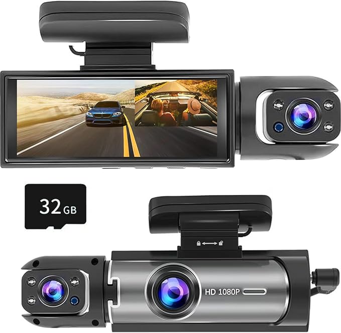 Dash Cam Front and Inside, 1296P Dual DashCams for Car, 3.16 Inch IPS Screen Driving Recorder with IR Night Vision, Loop Recording, Wide Angle Lens, 24H Parking Traffic Recorder with 32GB TF Card