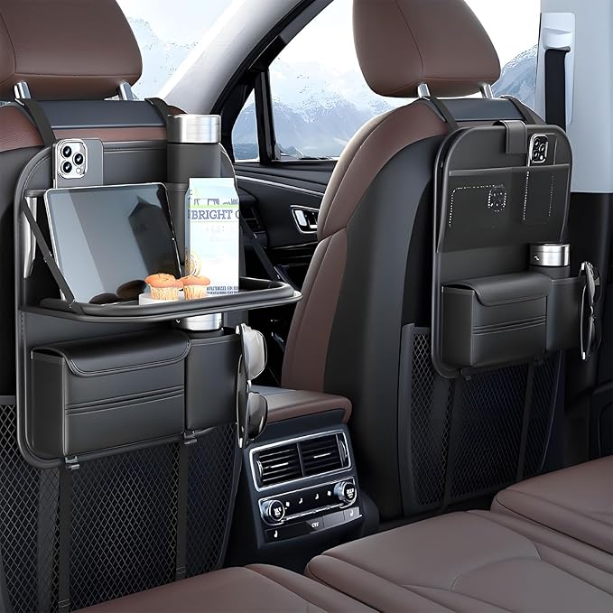 Universal Premium Leather Foldable Car Backseat Organizer with Table Tray, Seat Back Protector with Touch Screen Pad Phone Holder, Car Storage Pockets Tissue Holder with School Bags Hooks
