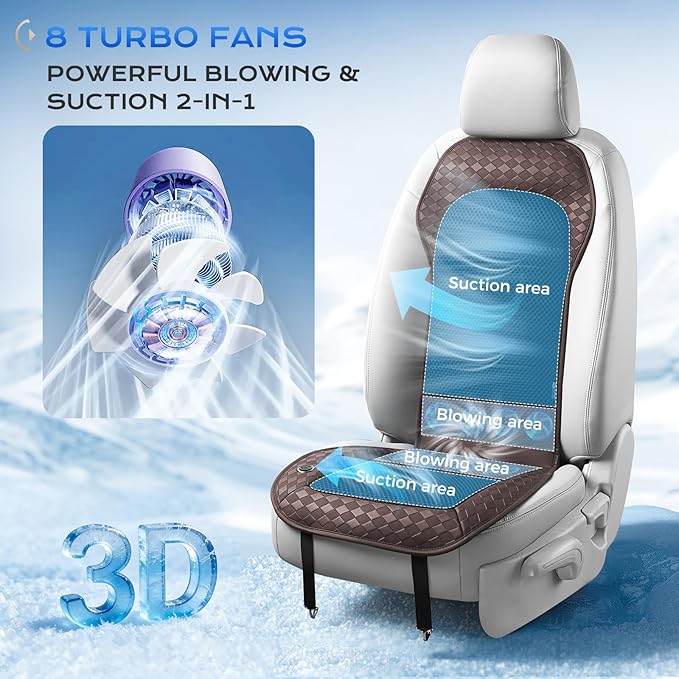 Coverado Summer Cooling Car Seat Cushion, 12V-24V Dual Blowing & Suction Ventilated Pad with 8 Turbo Fans, 3-Speed Adjustable Universal Fit for Hot Weather Car, SUV, Truck & Van-Brown