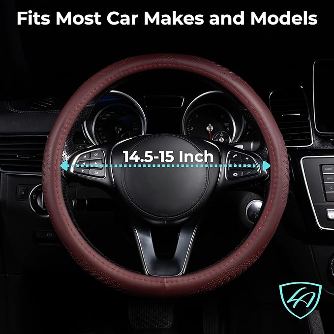 Lord Autofashion Steering Wheel Cover – PU Leather, Non-Slip Rubber Inner, All-Season Comfort – 14.5–15 Inch (Maroon 9356)